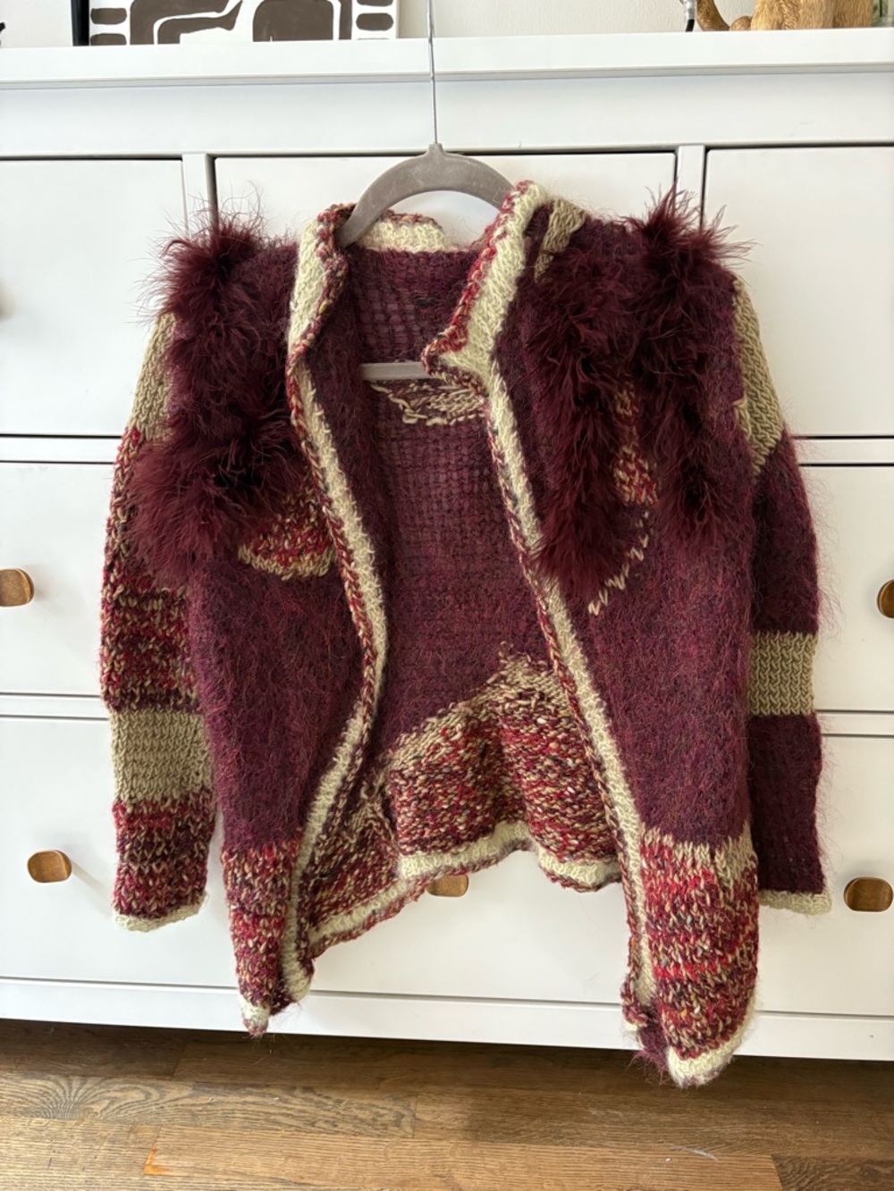 Cozy Burgundy and Cream Open-Front Knit Sweater